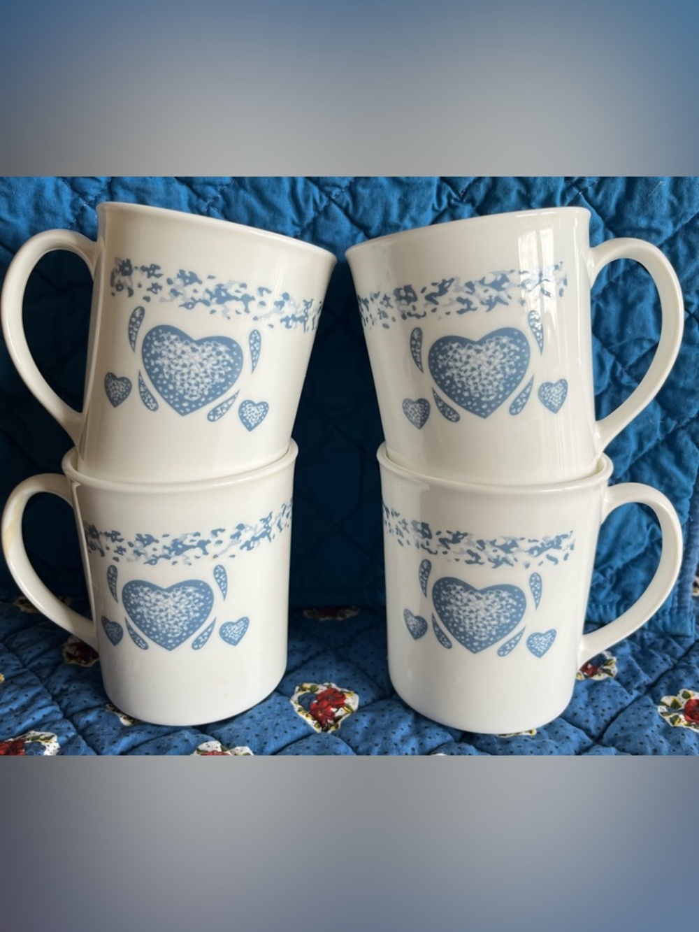 Corning Corelle Blue Sponge Heart Coffee Mugs Set Of 4 Cottage Core Granny Core